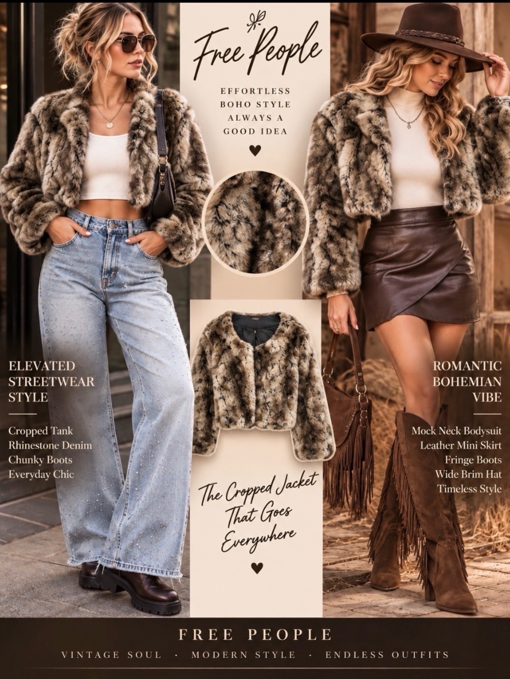 Free People Cropped Faux Fur Jacket Brown Grey Hook Closure Plush Size M